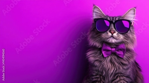 Obraz Stylish cat wearing sunglasses and a bow tie against a vibrant purple background