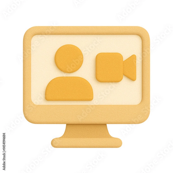 Fototapeta 3D monitor icon showing video call interface with user avatar. Great for virtual meetings, online communication, and webinar visuals