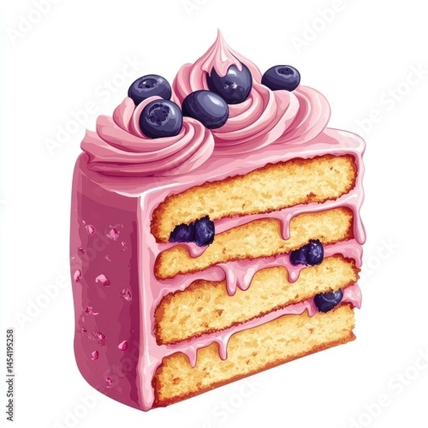 Fototapeta Delicious layered cake slice with frosting and blueberries