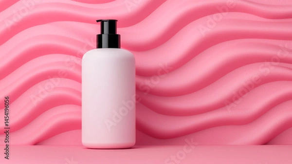 Fototapeta Minimalistic pink background featuring a sleek cosmetic bottle design.