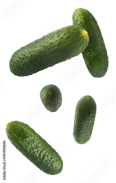 Obraz Fresh raw cucumber  falling in the air isolated on white background. Food levitation or zero gravity conception