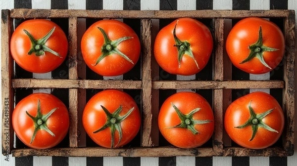 Fototapeta Eight fresh tomatoes in a rustic wooden box