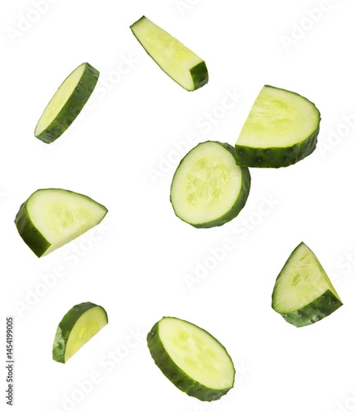 Obraz Fresh raw cucumber  falling in the air isolated on white background. Food levitation or zero gravity conception