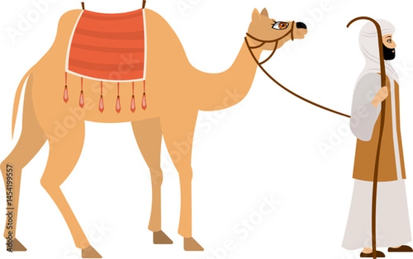 Obraz Arab man leading camel on white background. Vector