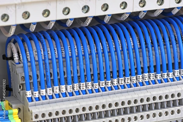 Fototapeta Electrical terminals with connected insulated copper wires with metal lugs. Marking with a thermal printer. 