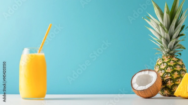 Fototapeta Refreshing tropical drink with pineapple and coconut on a vibrant blue background.