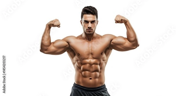 Obraz Muscular man flexing biceps and abs against a white background in a fitness demonstration pose