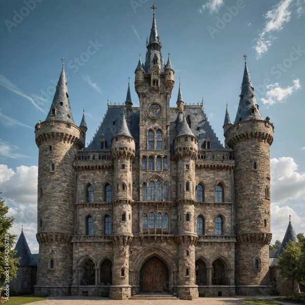 Obraz Medieval Castle with Futuristic Glass Towers Surreal Landscape Ancient Stone Fortress Blended with Modern Transparent Skyscrapers Fantasy Hybrid Architecture Unique Structure Combining Historic Castle