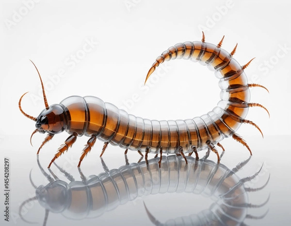 Fototapeta  hyper-realistic centipede made of transparent crystal glass, isolated on a pure white background