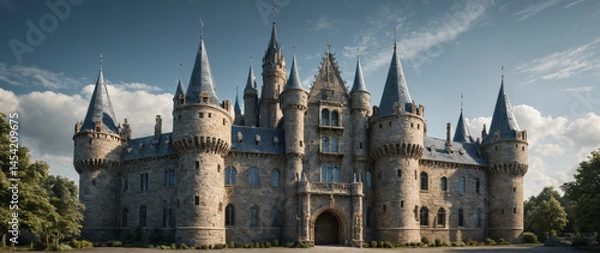 Obraz Medieval Castle with Futuristic Glass Towers Surreal Landscape Ancient Stone Fortress Blended with Modern Transparent Skyscrapers Fantasy Hybrid Architecture Unique Structure Combining Historic Castle