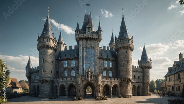 Obraz Medieval Castle with Futuristic Glass Towers Surreal Landscape Ancient Stone Fortress Blended with Modern Transparent Skyscrapers Fantasy Hybrid Architecture Unique Structure Combining Historic Castle