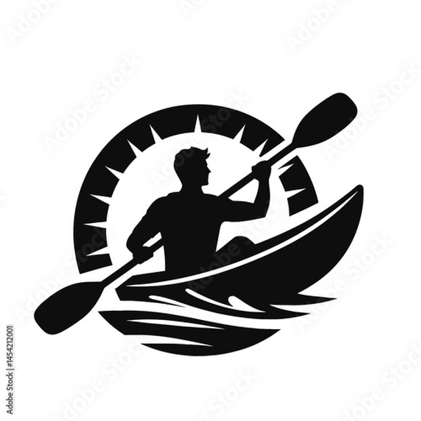 Obraz Black silhouette of a man kayaking on a white background logotype