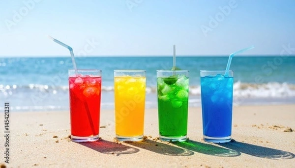 Fototapeta Refreshing summer drinks on a sunny beach with waves lapping at the shore