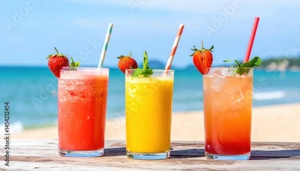 Fototapeta Refreshing fruit drinks on the beach with clear blue water and sandy shore in the background during a sunny day