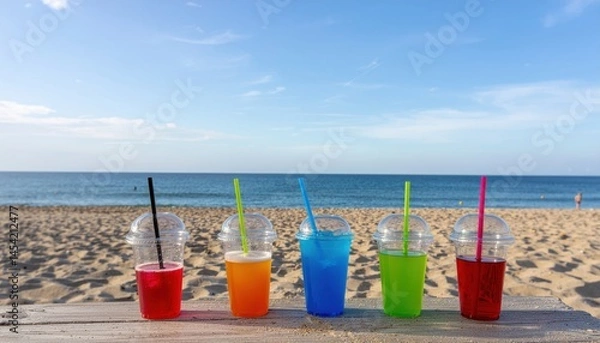Fototapeta Colorful drinks lined up on a beachside table under a clear blue sky in the afternoon