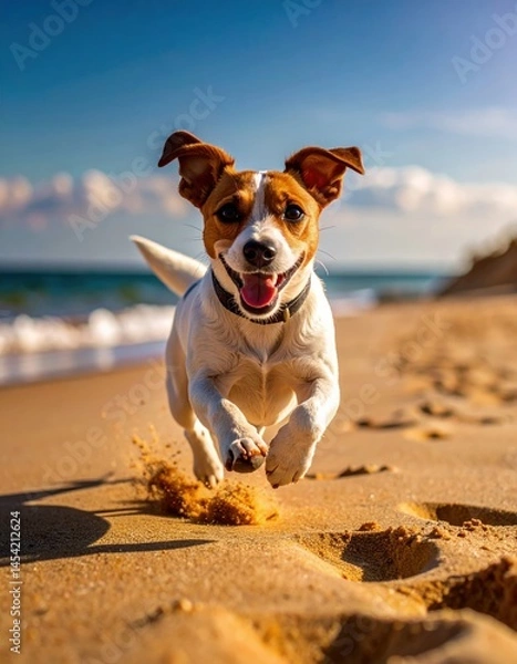 Fototapeta Happy dog runs energetically along sandy beach during sunny day near ocean waves