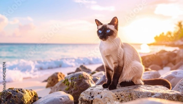 Fototapeta Beautiful cat enjoying a sunset near the ocean while sitting on rocks at the beach