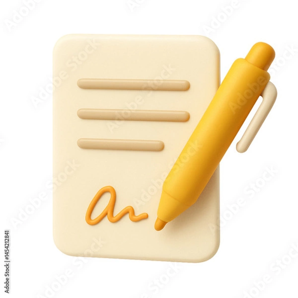 Fototapeta 3D render of a document with signature and yellow pen. Suitable for agreement, contract, writing, signing, legal, or document-related themes