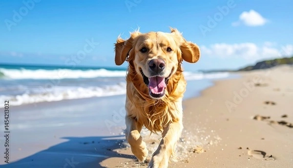 Fototapeta Golden retriever joyfully running on the beach during a sunny day with ocean waves in the background