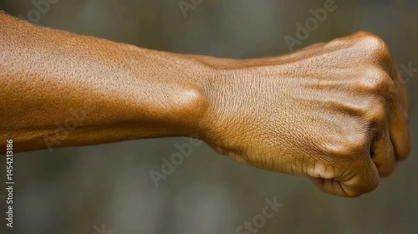 Fototapeta A close-up of a clenched fist symbolizing determination and strength, showcasing the details of skin texture and the power of human expression.
