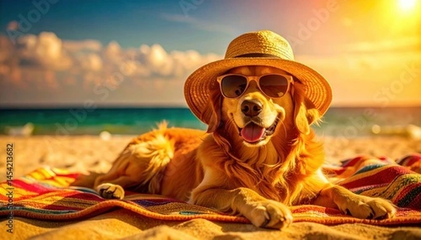 Fototapeta Golden retriever enjoying a sunny beach day wearing sunglasses and a straw hat with the ocean in the background