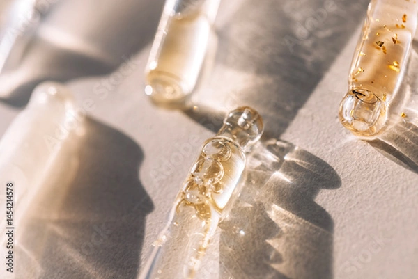 Fototapeta Close-up of glass pipettes with moisturizing serum with colloidal gold.