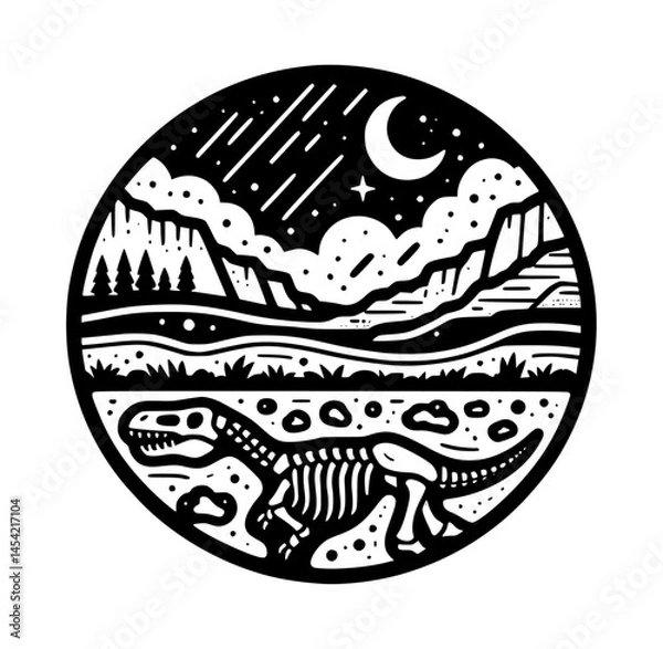 Fototapeta Layer of Earth with Fossil Bones Archaeological Excavations Dinosaur Fossils Robotic Icon Logo Black Color Vector White Background