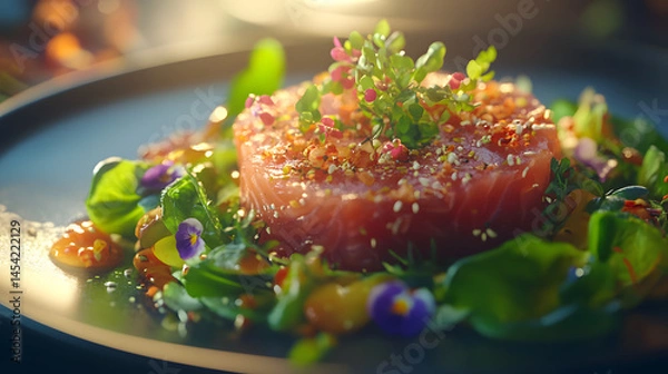 Fototapeta A meticulously arranged mound of raw salmon tartare, sprinkled with sesame seeds and topped with microgreens and edible flowers, sits on a dark plate with sauce and herbs.