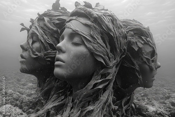 Obraz Monochrome view of sculptures with closed eyes under the sea, covered in seaweed