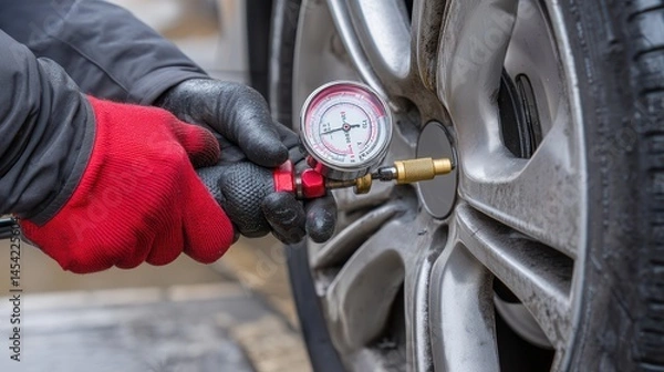 Fototapeta Mechanic checking tires air pressure Checking tire pressure with a gauge on a car wheel.