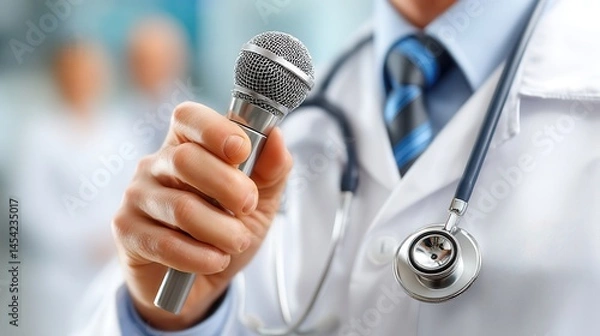 Fototapeta Doctor presentation speech teaching seminar A doctor holding a microphone, suggesting health communication.