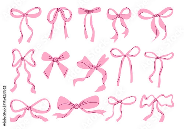 Fototapeta Whimsical Hand Drawn Pink Ribbon Bow. A playful and elegant collection of 14 hand drawn ribbon bows featuring loops curves flowing tails and more. Perfect for packaging girly craft and romantic accent