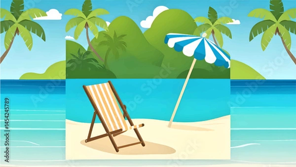 Obraz Tropical beach scene with sun, sea, and palm tree