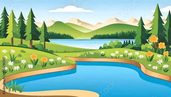 Obraz Scenic Landscape with Lake, Mountains, and Trees
