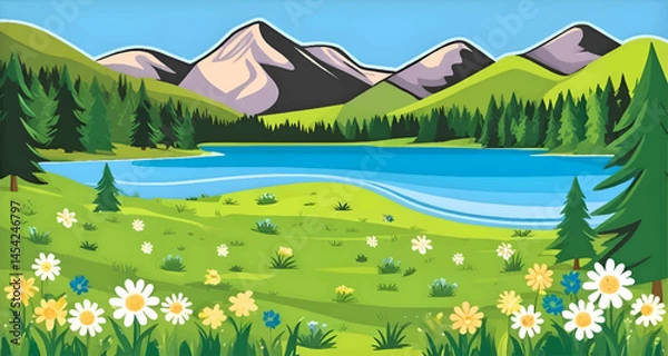 Obraz Scenic Mountain Lake Landscape with Flowers and Trees