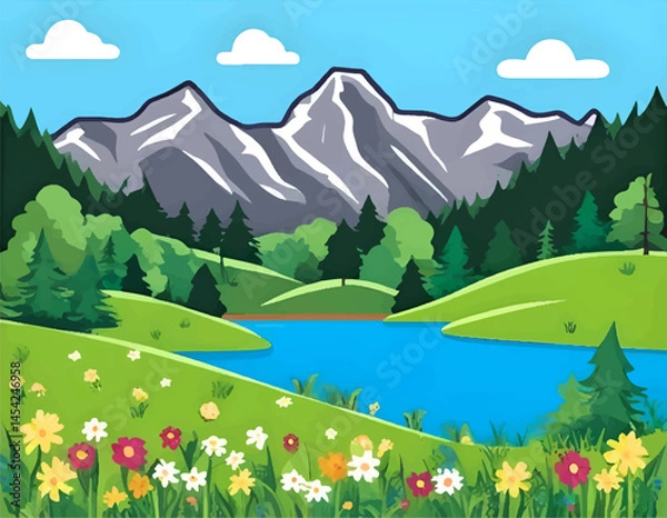 Obraz Scenic Mountain Lake Landscape with Hills, Trees and Flowers