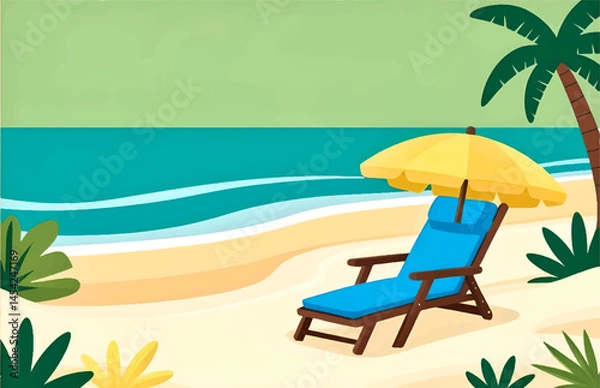 Obraz Beach scene with a beach chair, umbrella and palm tree