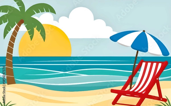 Obraz Tropical beach scene with sun, sea, and palm tree