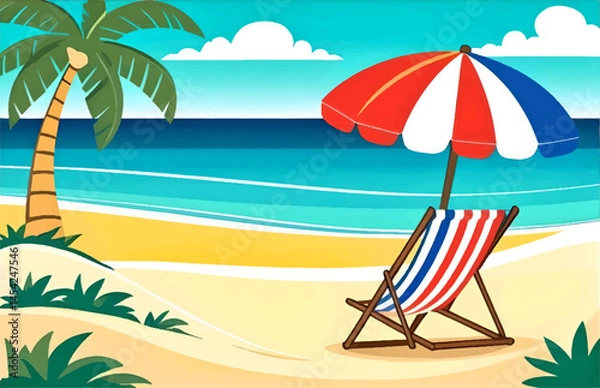 Obraz Beach scene with palm tree, chair, and umbrella