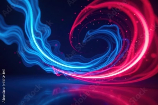 Fototapeta Abstract swirling light trails, vibrant neon blue and pink energy flows, dynamic motion design with glowing particles reflecting on a dark surface