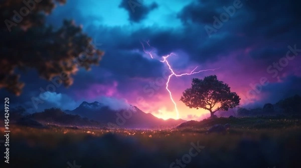 Fototapeta Lightning strikes a lone tree on a stormy, colorful landscape