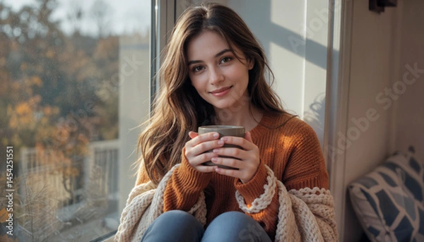 Obraz A young woman in a burnt-orange sweater holds a ceramic mug while sitting on a windowsill wrapped in a knitted blanket, with soft morning sunlight and blurred autumn leaves outside.