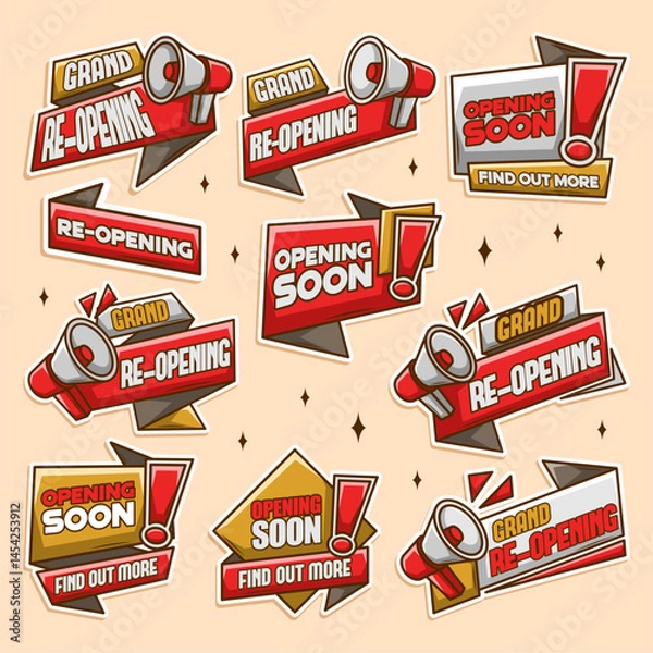 Obraz Megaphone label set with text Grand opening. Megaphone in hand promotion banner. Marketing and advertising