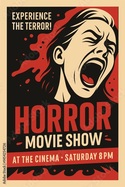Fototapeta Retro Horror Movie Poster – Screaming Man & Blood Splatter On Dark Background, Scary Cinema Night Scene Vector Art