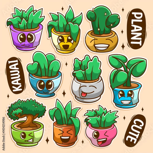 Obraz cute character green plants in pots collection set