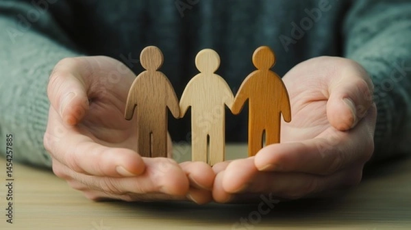 Fototapeta Wooden figures representing diversity held in caring hands