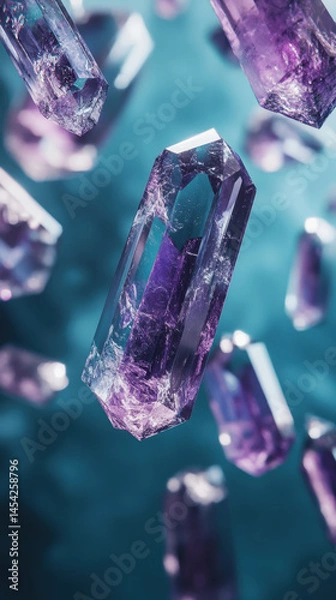 Fototapeta Shimmering amethyst crystals floating against a dynamic backdrop displaying shades of blue and purple