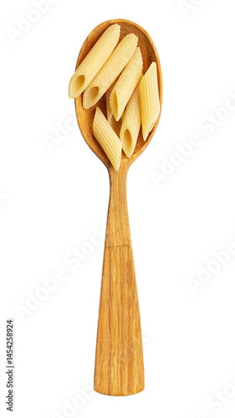 Obraz Pennette rigate. Raw pasta in  wood spoon isolated on white background. Top view.