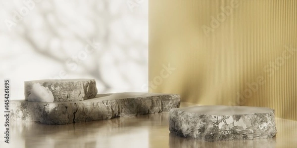 Fototapeta Natural Stone Podium with Botanical Shadows and Gold Accent Wall – Elegant 3D Display Background