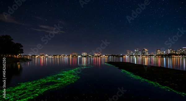 Obraz Night Sky Over City Lake with Glowing Algae and Starry Background